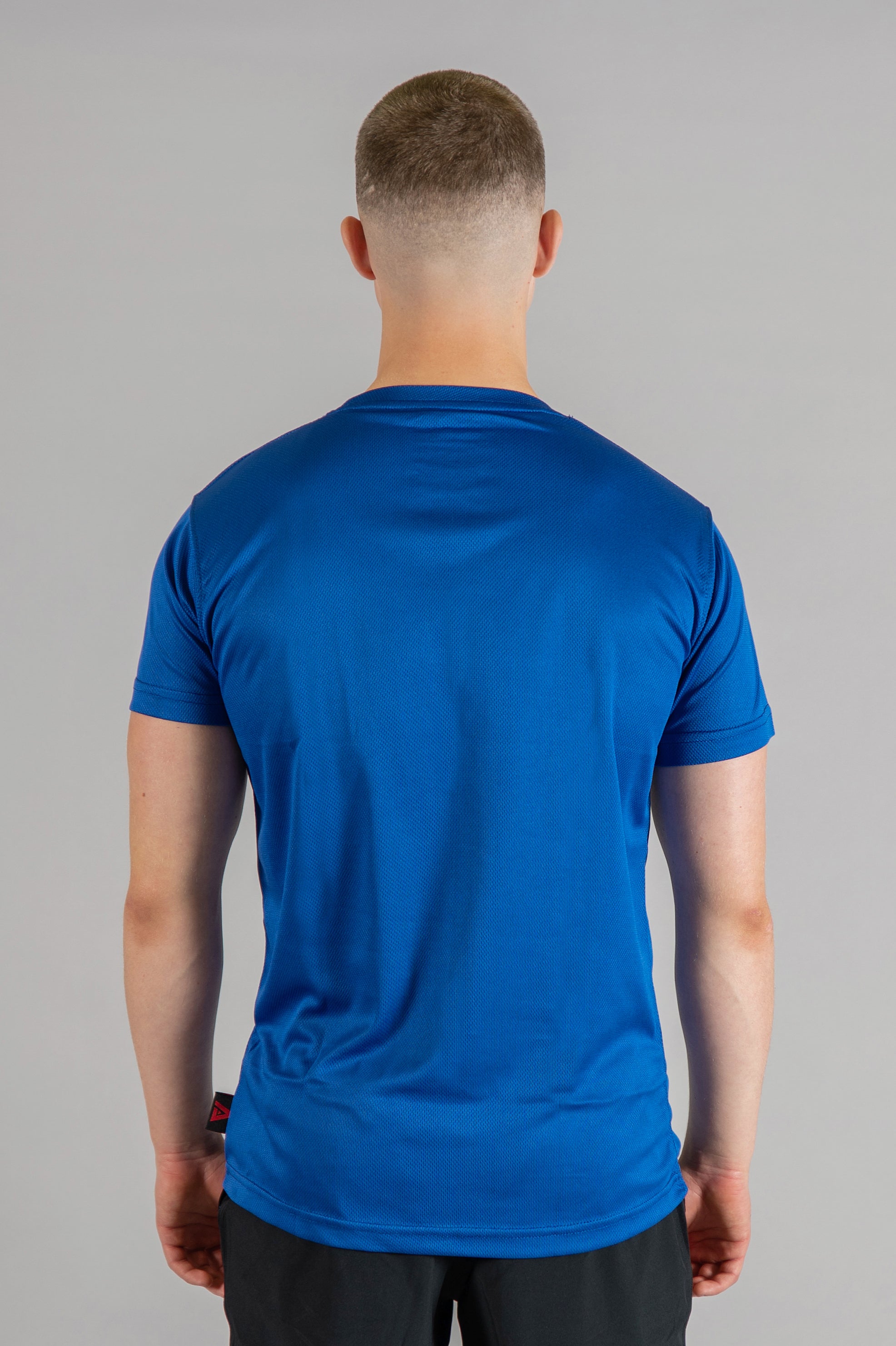 Back view of men's blue moisture wicking crewneck t-shirt.