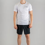Men's white moisture wicking crewneck t-shirt with black logo.