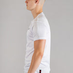 Men's white moisture wicking crewneck t-shirt with black logo.