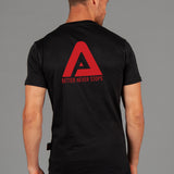Back view of men's black t-shirt with red Better Never Stops logo.