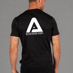 Back view of men's black t-shirt with white Better Never Stops logo.