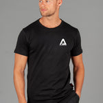 Men's black t-shirt with small white Better Never Stops logo.