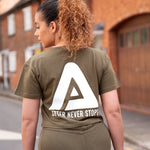 Back view of women's olive crop t-shirt with white Better Never Stops logo.