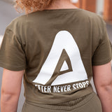 Back view of women's olive crop t-shirt with white Better Never Stops logo.