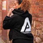Back view of women's black oversized crop hoodie with tie waist and white Better Never Stops logo.