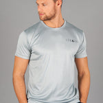 Men's silver moisture wicking crewneck t-shirt with black logo.