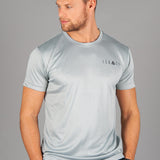 Men's silver moisture wicking crewneck t-shirt with black logo.