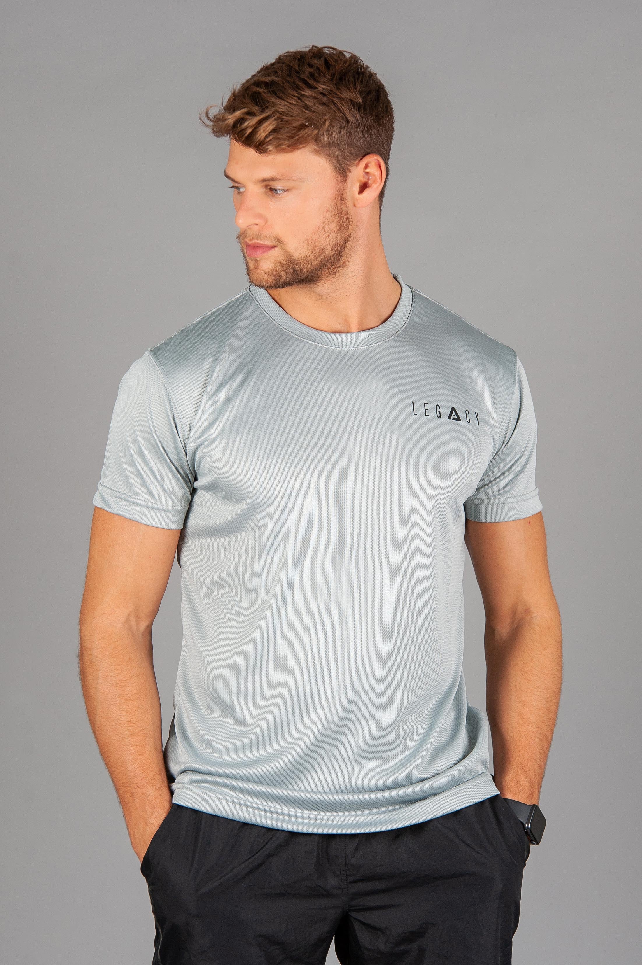 Men's silver moisture wicking crewneck t-shirt with black logo.