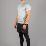 Men's silver moisture wicking crewneck t-shirt with black logo.