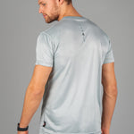 Back view of men's silver moisture wicking crewneck t-shirt with black logo.