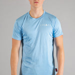 Men's sky blue moisture wicking crewneck t-shirt with white logo.