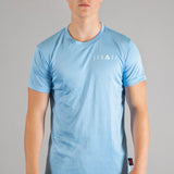 Men's sky blue moisture wicking crewneck t-shirt with white logo.