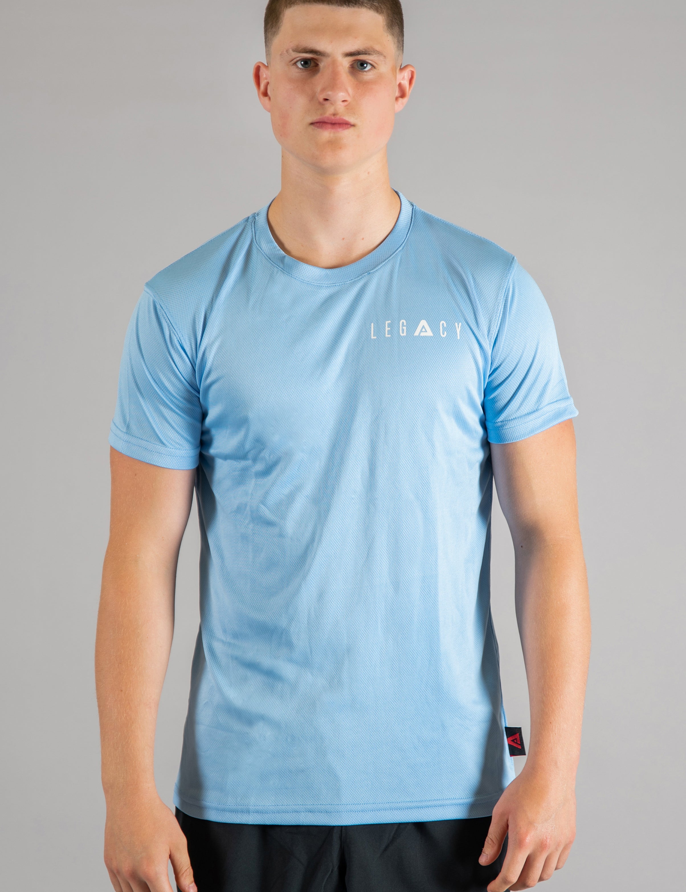 Men's sky blue moisture wicking crewneck t-shirt with white logo.