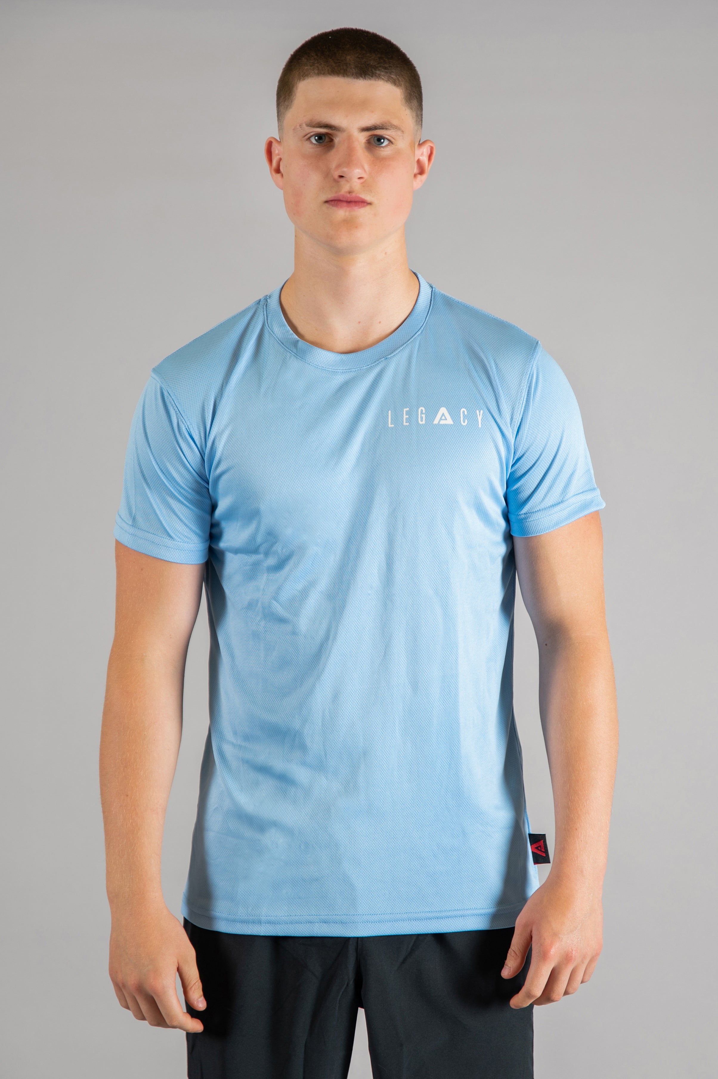 Men's sky blue moisture wicking crewneck t-shirt with white logo.