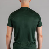 Back view of men's forest green moisture wicking crewneck t-shirt.