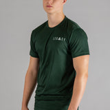 Men's forest green moisture wicking crewneck t-shirt with white logo.