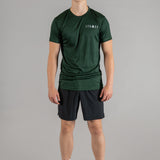 Men's forest green moisture wicking crewneck t-shirt with white logo.