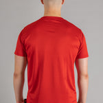 Back view of men's red moisture wicking crewneck t-shirt.