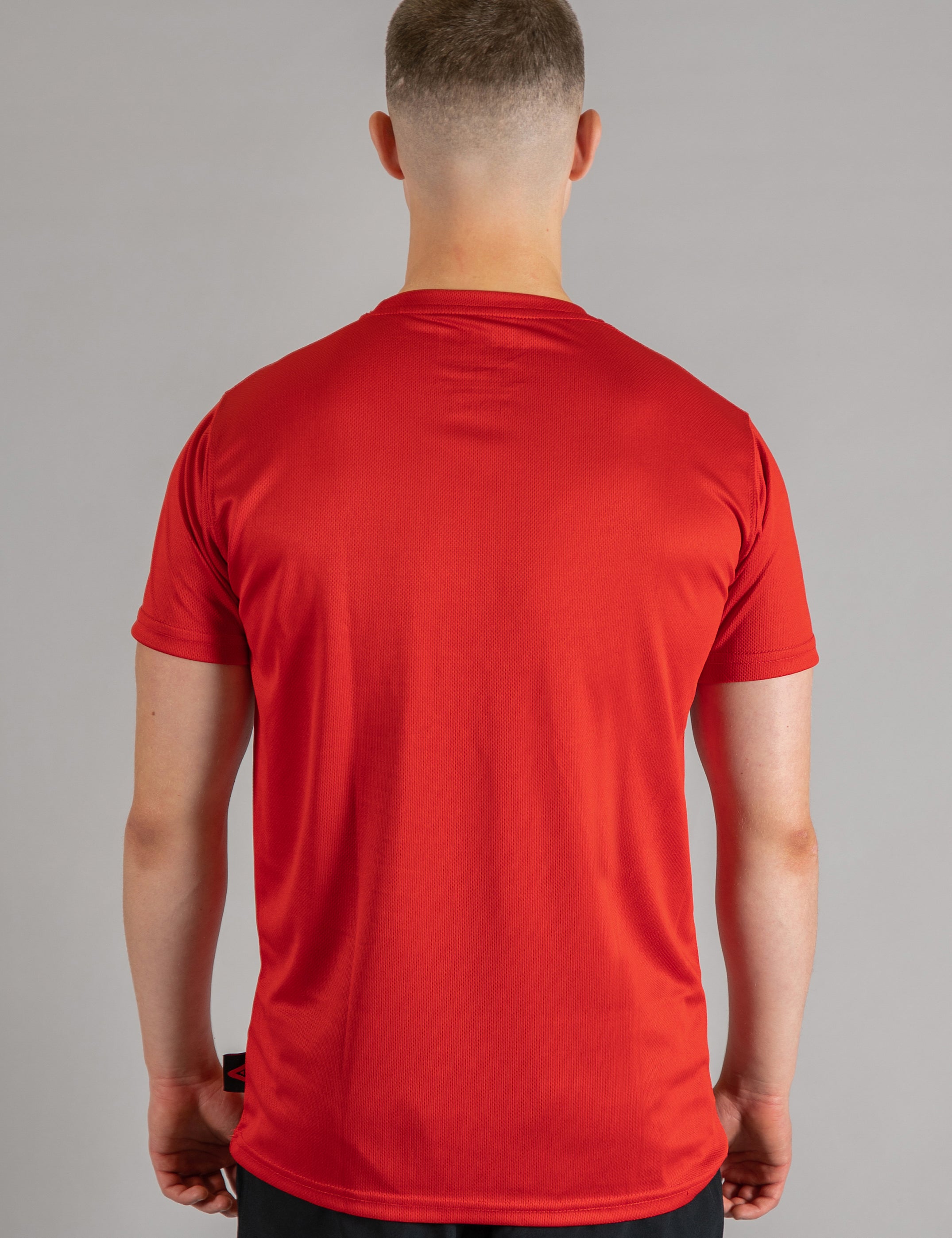 Back view of men's red moisture wicking crewneck t-shirt.