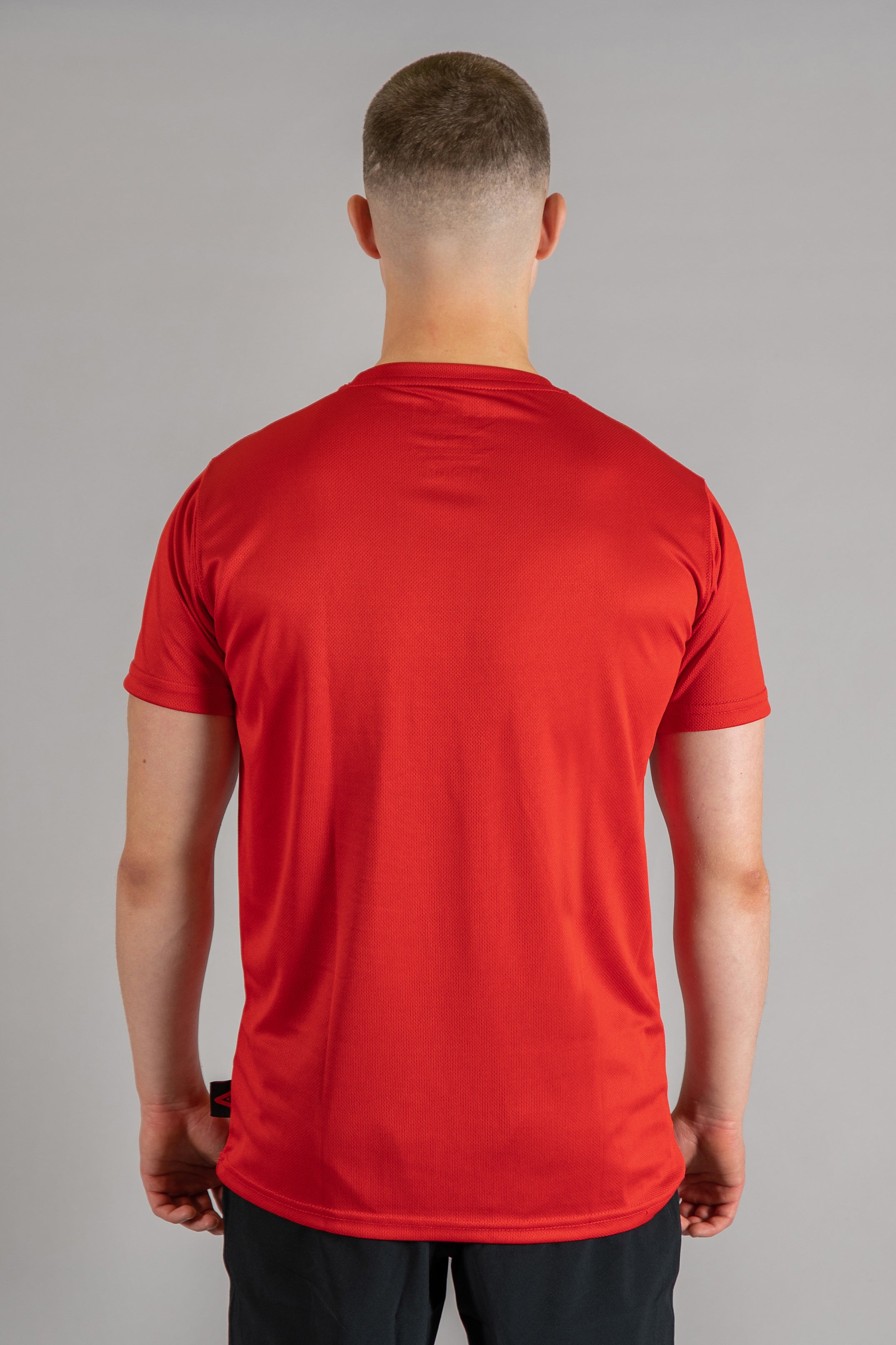 Back view of men's red moisture wicking crewneck t-shirt.