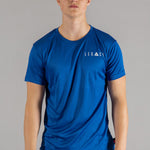 Men's blue moisture wicking crewneck t-shirt with white logo.