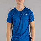 Men's blue moisture wicking crewneck t-shirt with white logo.