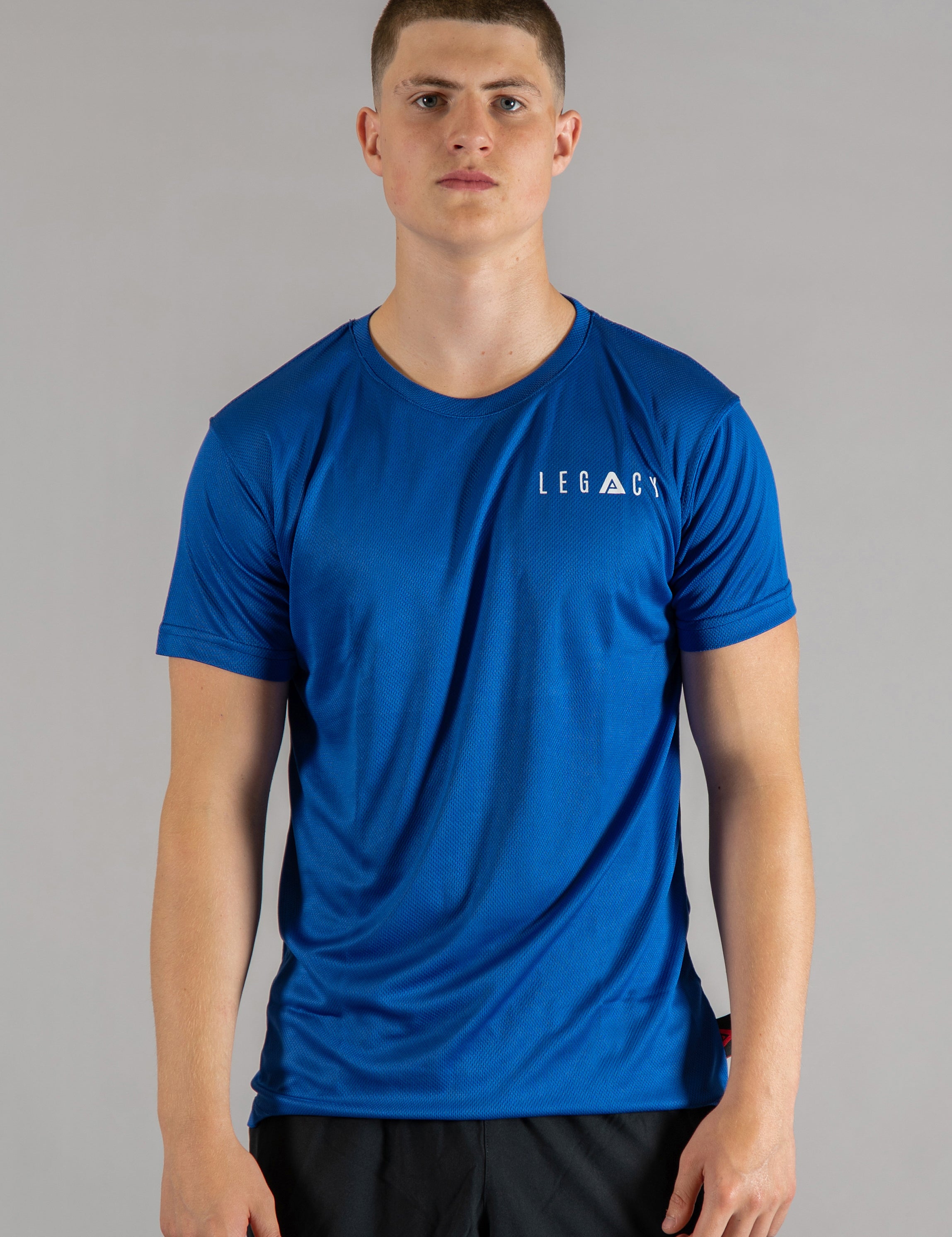 Men's blue moisture wicking crewneck t-shirt with white logo.