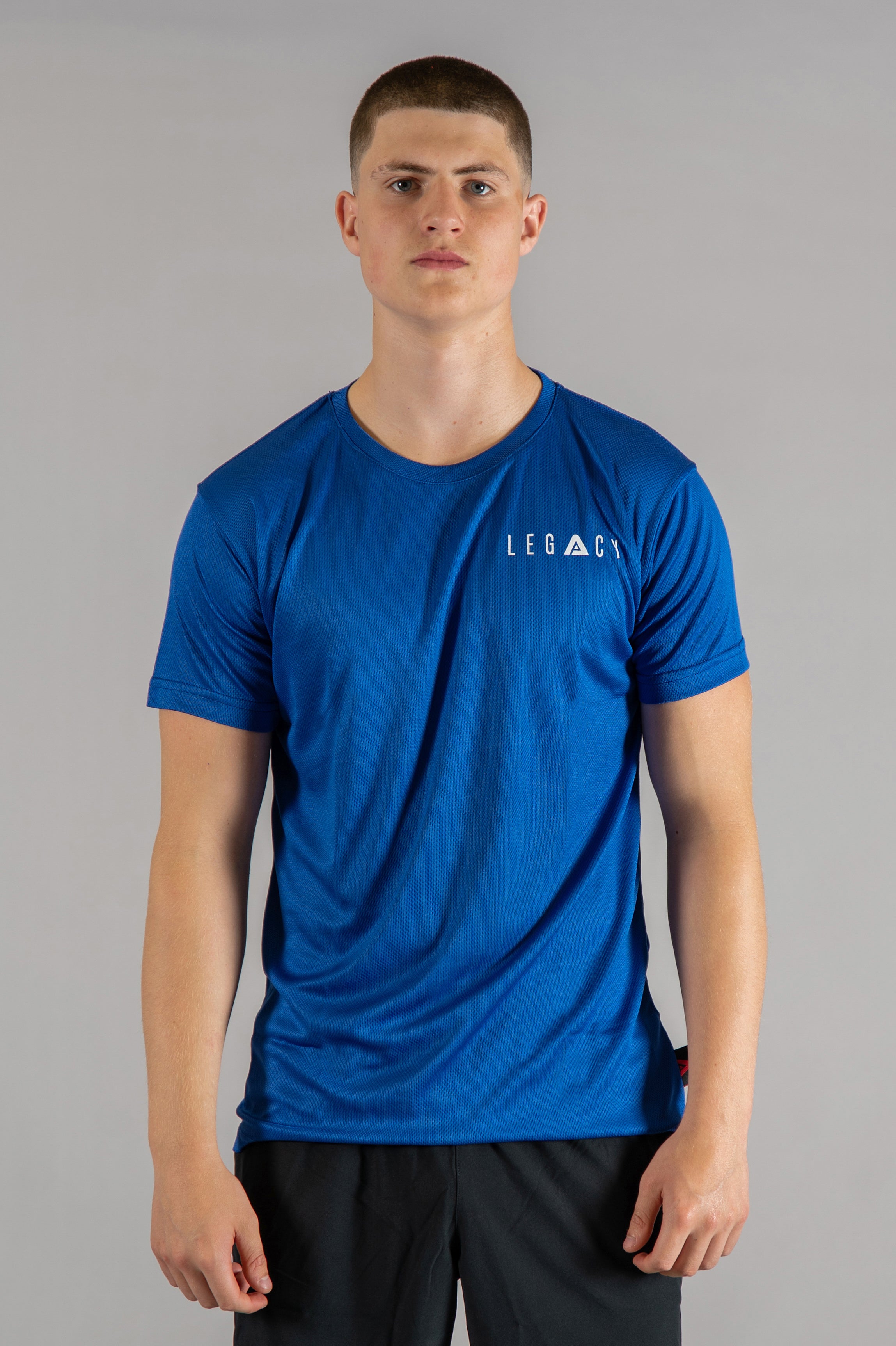 Men's blue moisture wicking crewneck t-shirt with white logo.