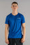 Men's blue moisture wicking crewneck t-shirt with white logo.