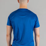 Back view of men's blue moisture wicking crewneck t-shirt.