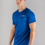 Men's blue moisture wicking crewneck t-shirt with white logo.