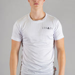 Men's white moisture wicking crewneck t-shirt with black logo.