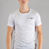 Men's white moisture wicking crewneck t-shirt with black logo.