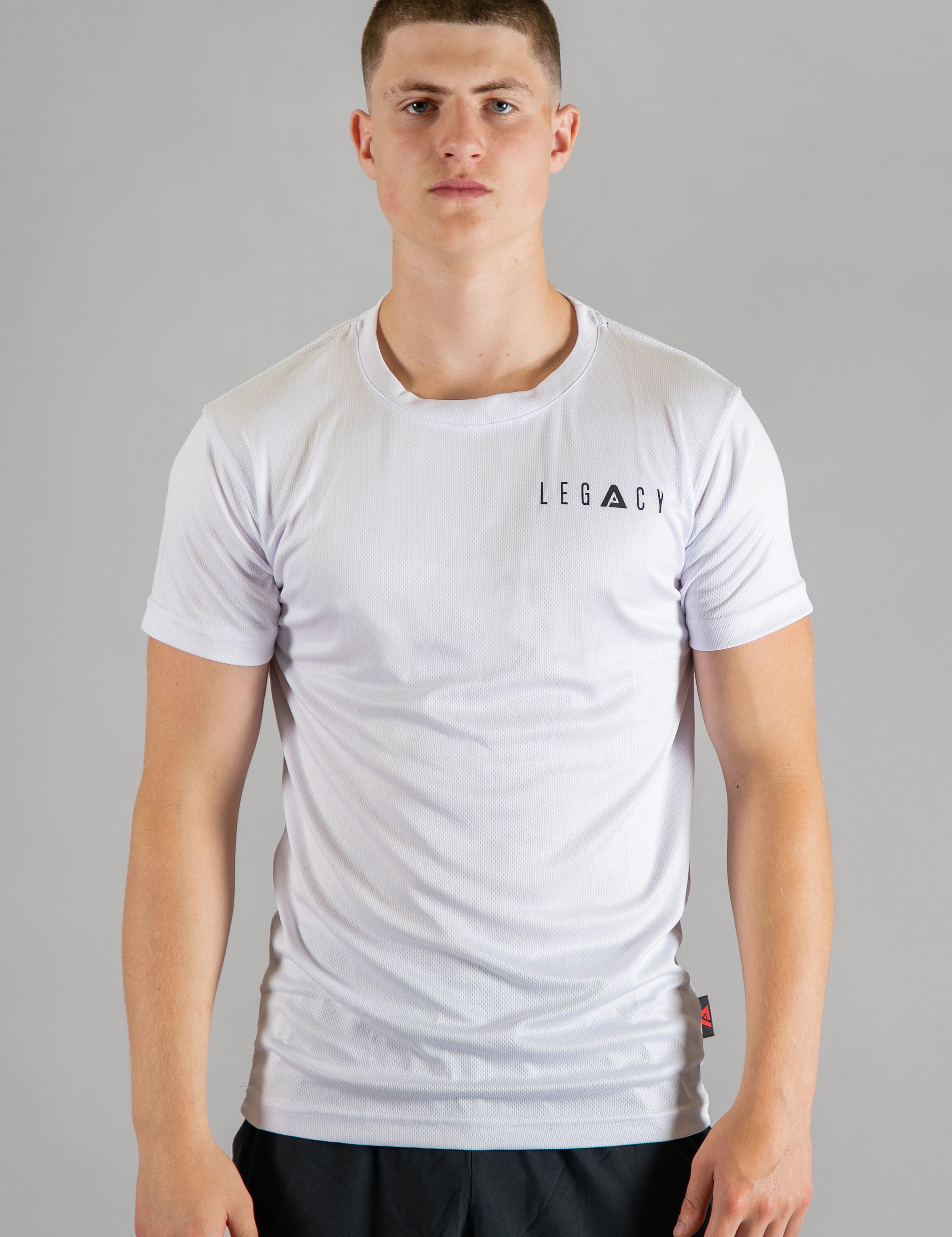 Men's white moisture wicking crewneck t-shirt with black logo.