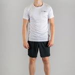 Men's white moisture wicking crewneck t-shirt with black logo.