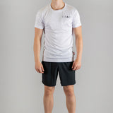 Men's white moisture wicking crewneck t-shirt with black logo.