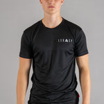 Men's black moisture wicking crewneck t-shirt with white logo.