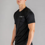 Men's black moisture wicking crewneck t-shirt with white logo.