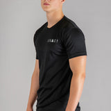 Men's black moisture wicking crewneck t-shirt with white logo.