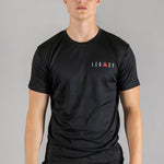 Men's black moisture wicking crewneck t-shirt with red and white logo.