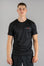 Men's black moisture wicking crewneck t-shirt with red and white logo.