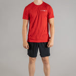 Men's red moisture wicking crewneck t-shirt with white logo.