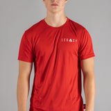 Men's red moisture wicking crewneck t-shirt with white logo.