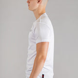 Men's white moisture wicking crewneck t-shirt with black logo.