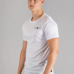 Men's white moisture wicking crewneck t-shirt with black logo.