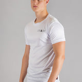 Men's white moisture wicking crewneck t-shirt with black logo.