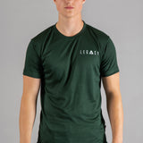 Men's forest green moisture wicking crewneck t-shirt with white logo.