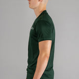 Men's forest green moisture wicking crewneck t-shirt with white logo.