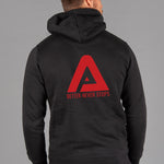 Back view of men's black hoodie with red Better Never Stops logo.