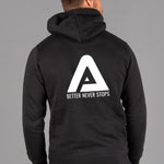 Back view of men's black hoodie with white Better Never Stops logo.